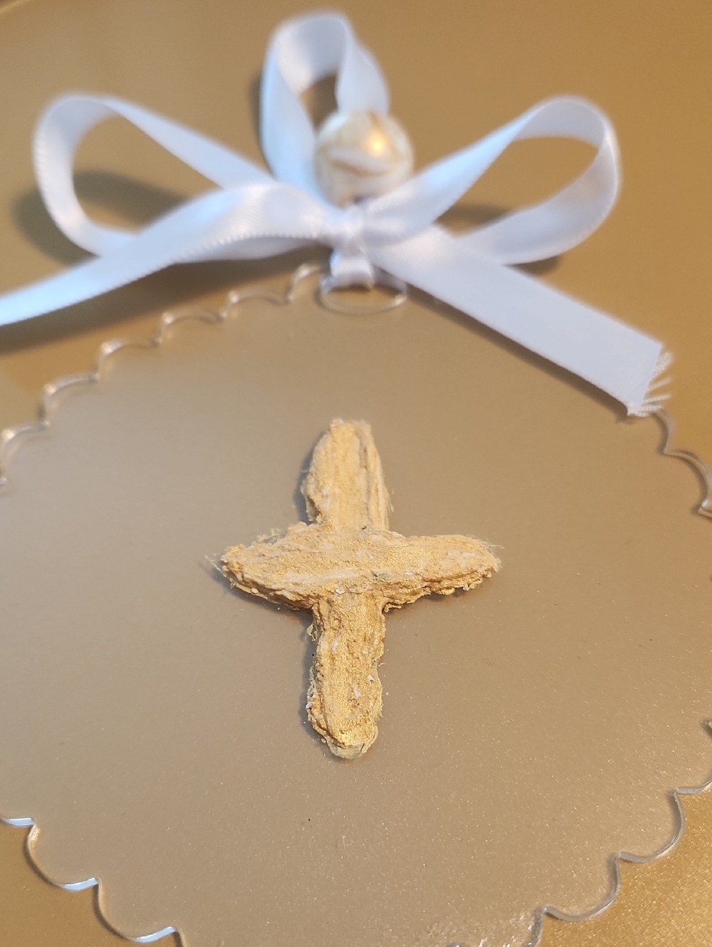 Scalloped Acrylic Disk With Gold Cross White Satin Ribbon Accent- Religious Gift